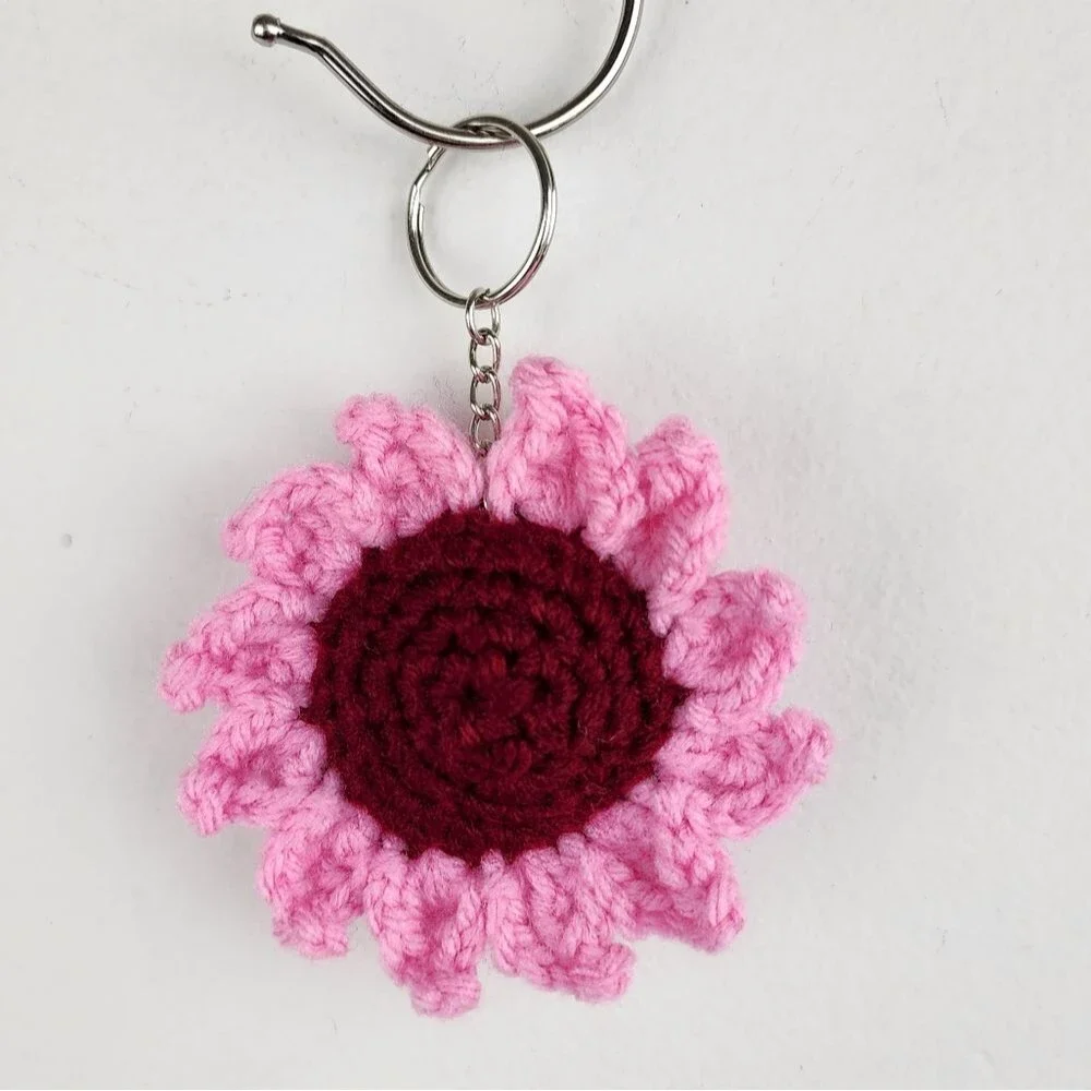 New Crochet Stuffed Keychain Burgundy Pink Flower Handmade Handcrafted